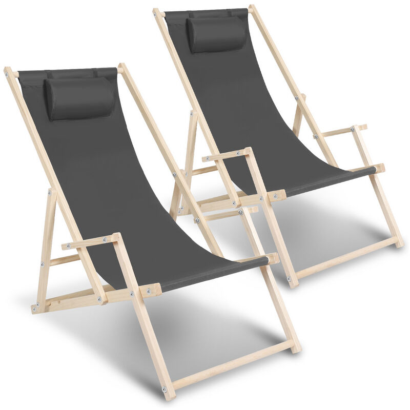 Chaise longue avec accoudoirs Chaise longue pliable confortable Chaise longue en bois Gris 2 pièces - Gris - Hengda