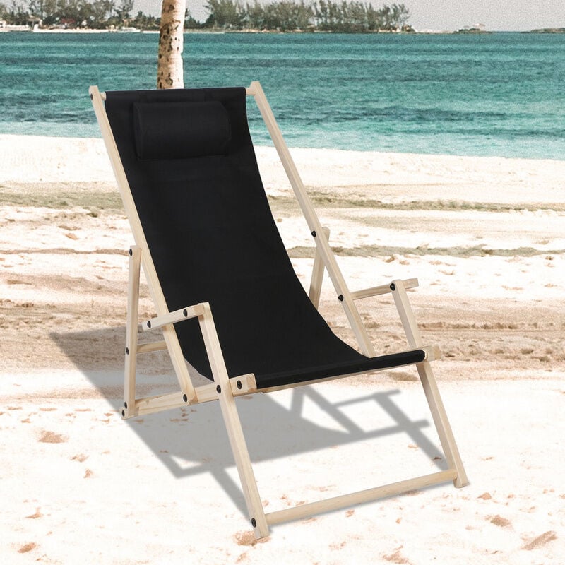 Hengda Chaise longue Chaise longue de plage Chaise de jardin Pliable Bois Chaise longue de plage Noir Avec Mains Courantes - noir