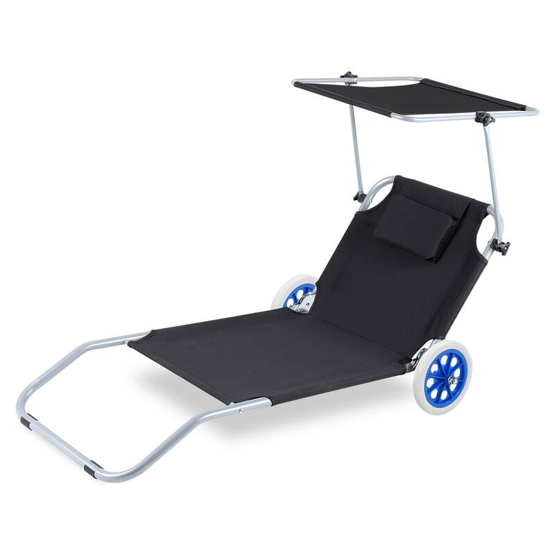 Chaise longue de jardin 150x60x27cm-Noir 2x Chaise longue pliable Chaise de plage jusqu'à 100 kg avec 2 roues oreiller - Noir - Hengda