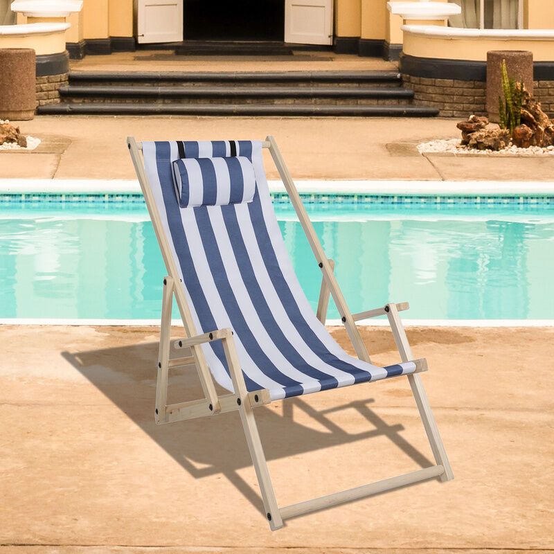 chaise longue de jardin chaise longue pliante tissu deck chaise de plage confortable bois pliable 120kg pliable bleu blanc - hengda