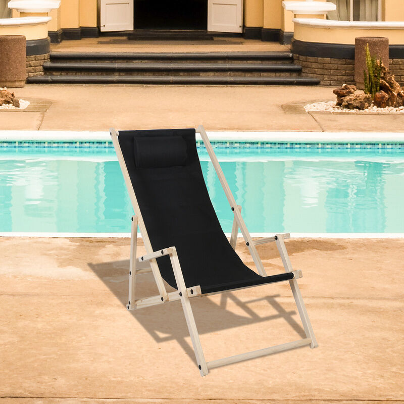 chaise longue de jardin chaise longue pliante tissu deck chaise de plage confortable bois pliable 120kg pliante noire - hengda