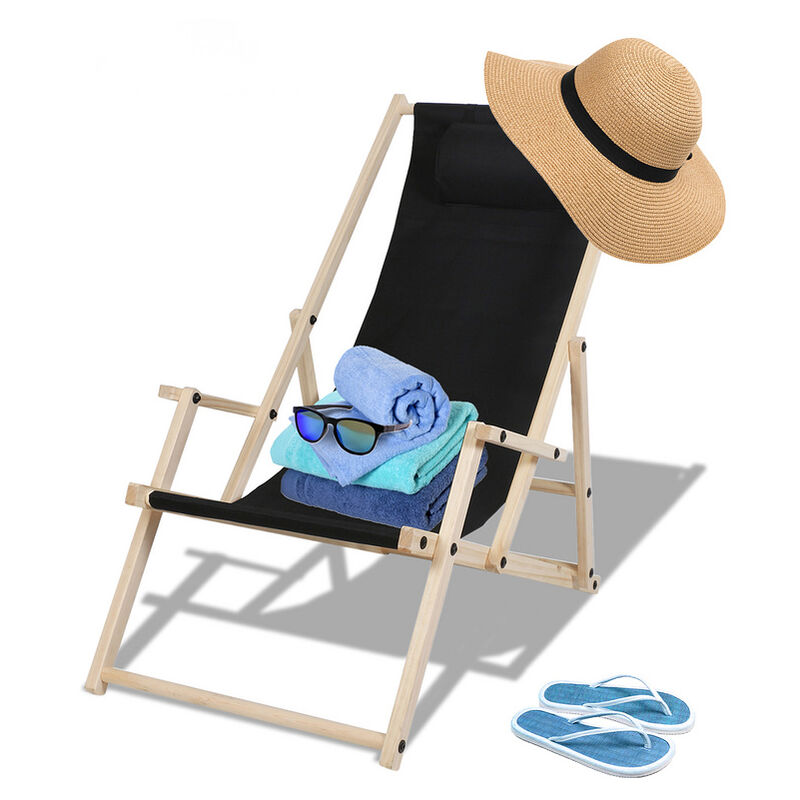 Hengda - Chaise longue de plage en bois Chilienne Chaise longue de plage Chaise de camping Chaise longue pliable - noir