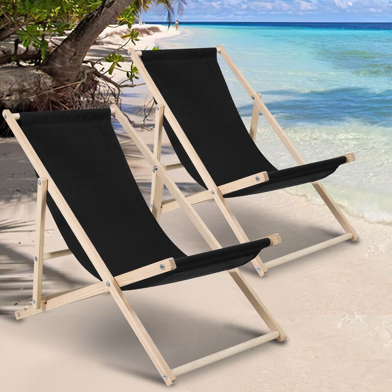 Chaise longue pliante en bois Chaise de plage 3 positions transat jardin exterieur noir 2 pièces - Hengda