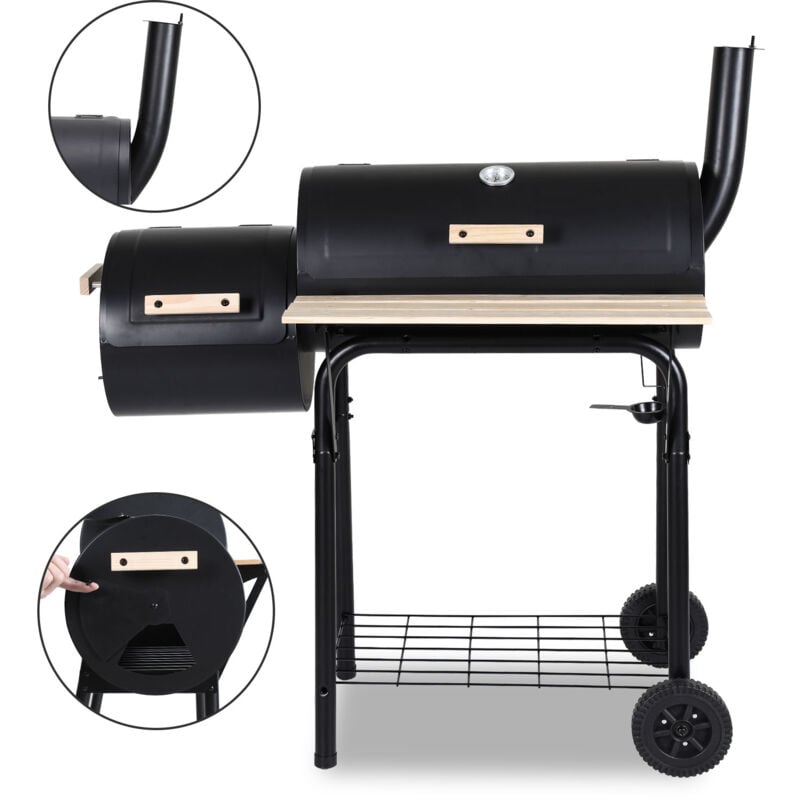 Hengda - Charcoal Barbecue Smoker with Thermometer and 2 Folding Shelves 11710558cm - Black