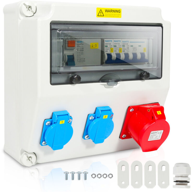 Coffret De Chantier Distributeur mural avec disjoncteur et fi. répartiteur électrique de site à 5 pôles avec 2 prises Schuko et prise cee 16 a