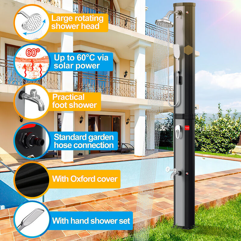 Douche solaire pour piscine. terrasse et jardin Température Réglables 60L Avec couvercle de protection avec douchette argent - Tolletour