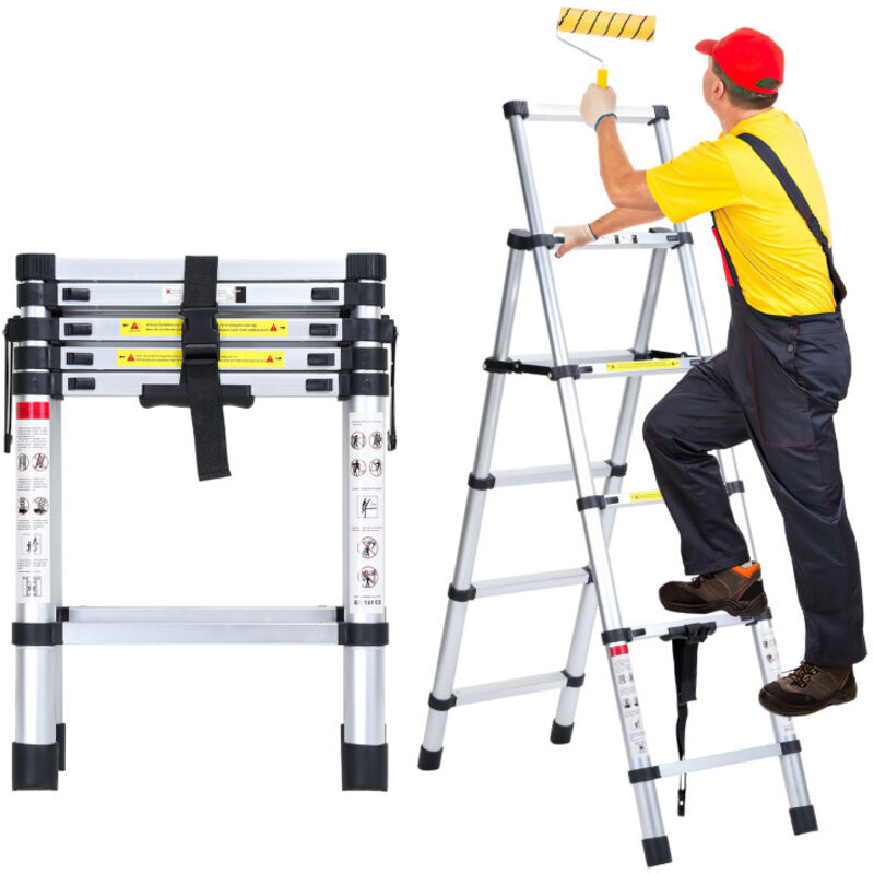 Echelle Télescopique 1.4m+1.7m jusqu'à 150 kg Escabeau stable en aluminium Multi-Fonction - Hengda