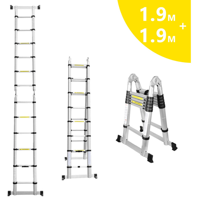 Chelle télescopique de 1.9+1.9m en Aluminium . Multifonction échelle télescopique élevée d'échelle de loft de but télescopique noir - Hengda