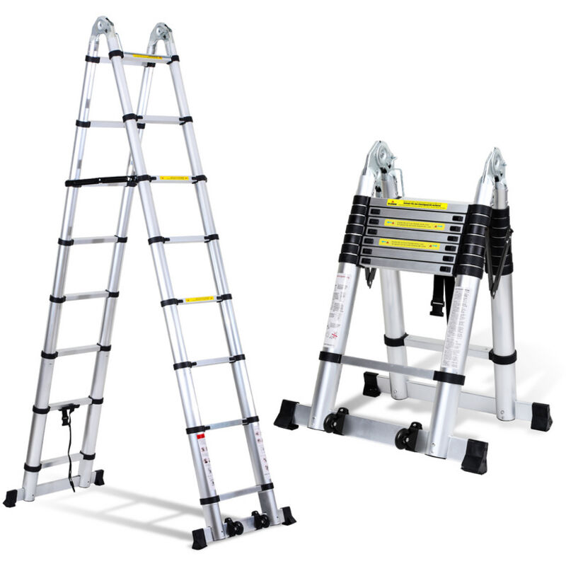 Vingo Échelle télescopique Échelle pliante Aluminium Escabeau sans crochets Avec stabilisateur Avec roues 2,5m+2,5m Argent