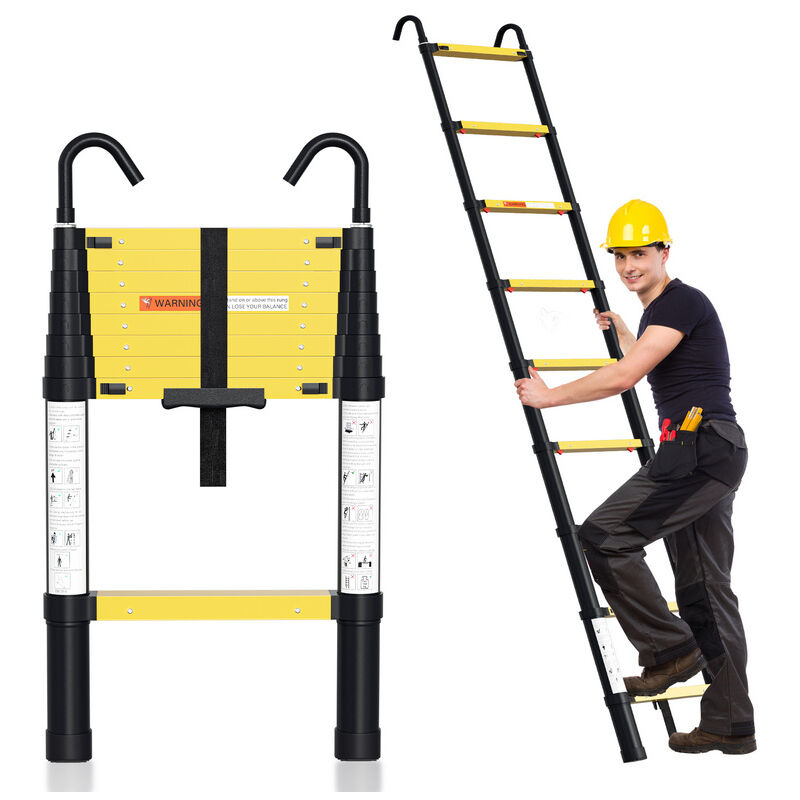 Echelle Télescopique jusqu'à 150 kg Escabeau stable en aluminium Multi-Fonction 2.6 m Jaune + noir Avec bouton de retrait on - Hengda