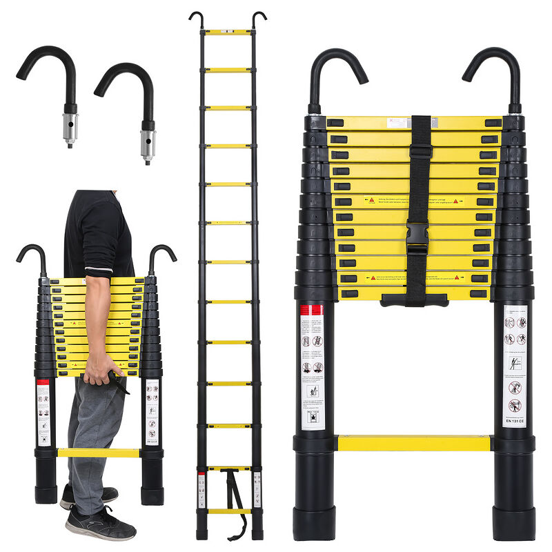 Chelle télescopique Alu avec crochet escabeau noir+jaune 3.8m - Hengda