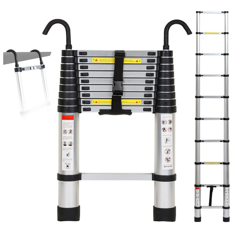 Echelle Télescopique Aluminium Avec Crochet Escabeau Argent Multifonction 2.6m - Hengda