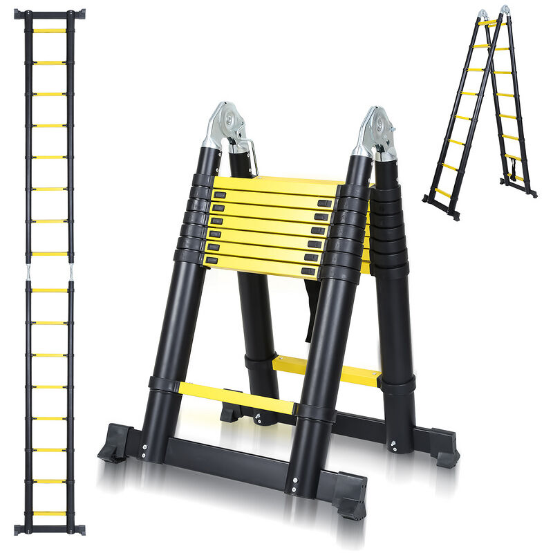 Chelle télescopique Alu avec crochet escabeau noir+jaune Portable Pliante 2.5+2.5 m - Hengda