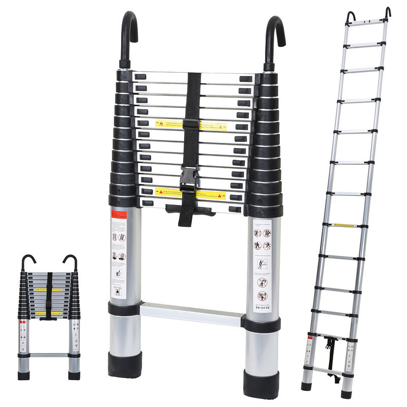 Echelle Télescopique Aluminium Avec Crochet Escabeau Argent Multifonction Portable Pliante 3.8m - Hengda