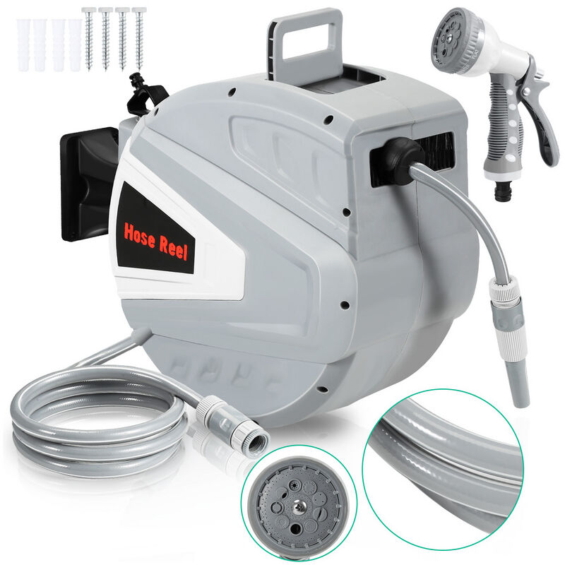 Enrouleur de tuyau 30+2 m. Pivotant à 180°. Automatique.l'eau tuyau d'arrosage avec 1 Pistolet à Eau (9 Modes de Jet Réglables)-Gris - Hengda