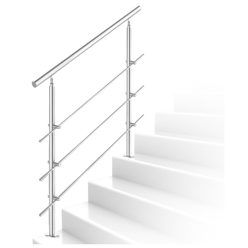Rampe d'escalier en acier inoxydable Main courante Balustrade 180 cm Rambarde avec 3 Entretoises