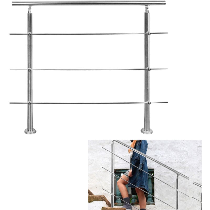 Rampe d'escalier en acier inoxydable Main courante Balustrade 120 cm Rambarde avec 3 Entretoises