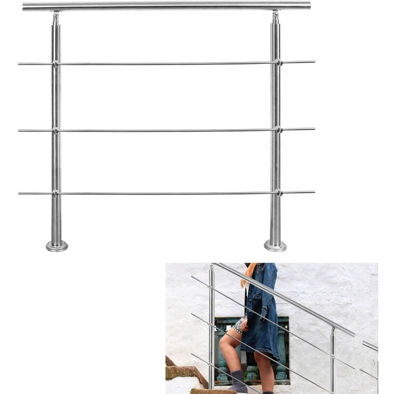 Rampe d'escalier en acier inoxydable Main courante Balustrade 150 cm Rambarde avec 3 Entretoises
