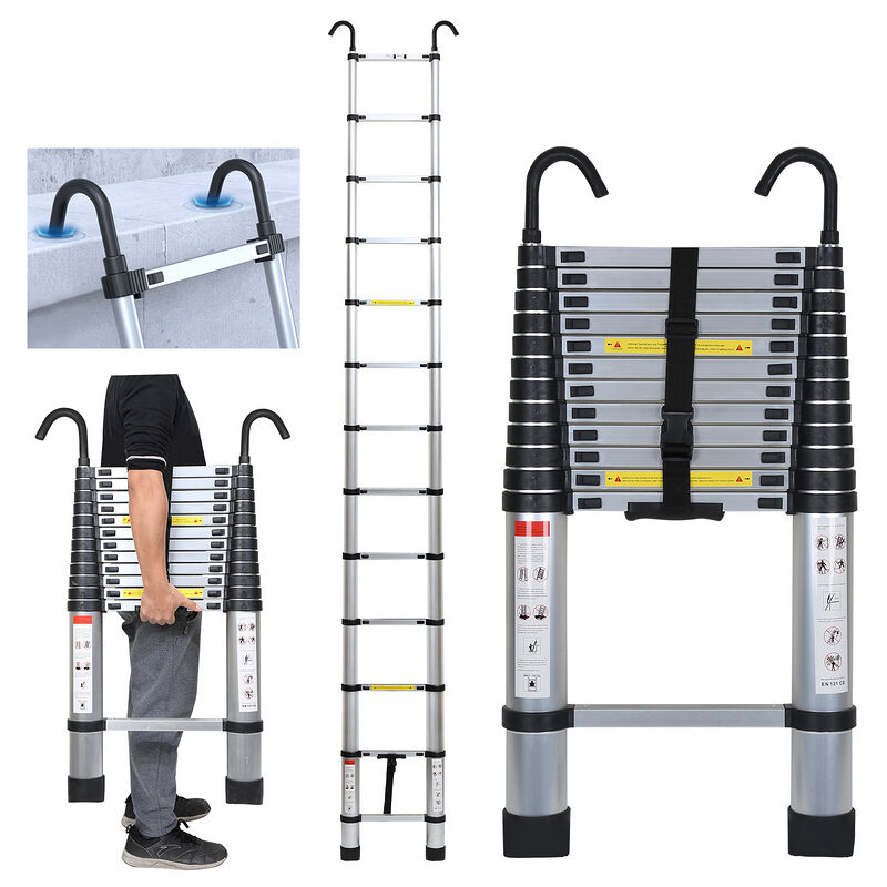 Echelle Télescopique Aluminium Avec Crochet Escabeau Argent 3.8m - Hengda