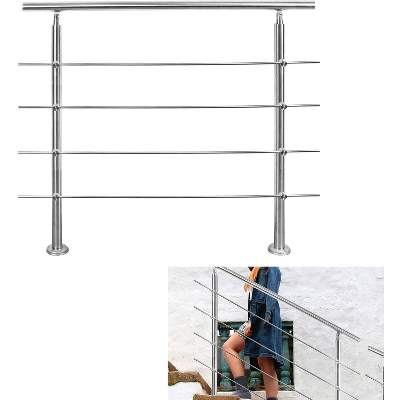 Rampe d'escalier en acier inoxydable Main courante Balustrade 180 cm Rambarde avec 4 Entretoises