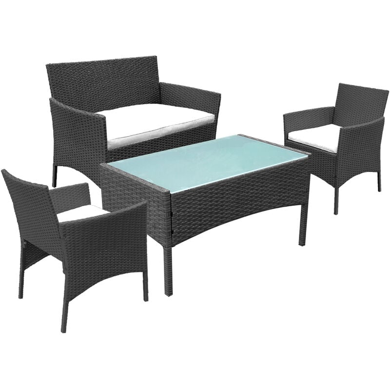 Gartenmöbel 4tlg Poly Rattan Sitzgruppe Lounge Set für 4 Personen - Mit 2-er Sofa, Singlestühle, Tisch und Sitzkissen - Schwarz - Hengda