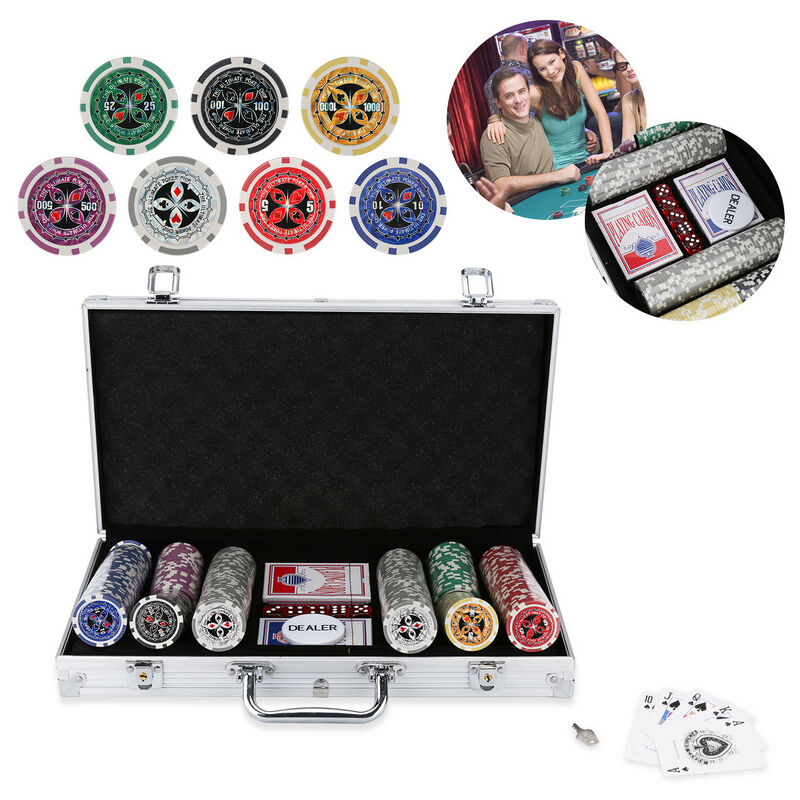Hengda - Jetons de poker boîte en métal ensemble de poker 300 jetons ensemble de poker étui de poker dés étui en bois argent