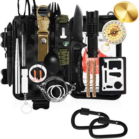 Kit de Survie Complet + Trousse de Secours + Paille Filtrante + Sac +  Pierre Allume Feu Couverture Pince Multifonction Outils Accessoire  Militaire Boite Complète Gadget Premiers Soins Pêche Cisea zhuo