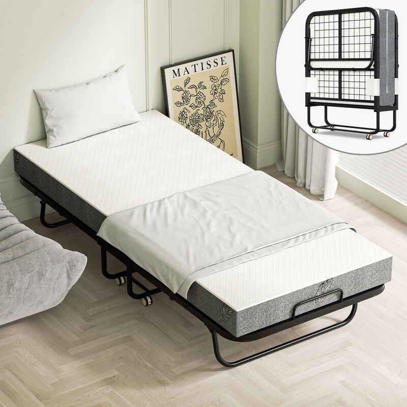 Hengda - Lit Pliant lit d'appoint 90x200cm invité - Pliant avec 4 Roulettes Universelles + Matelas, Cadre en Acier,Charge 150KG