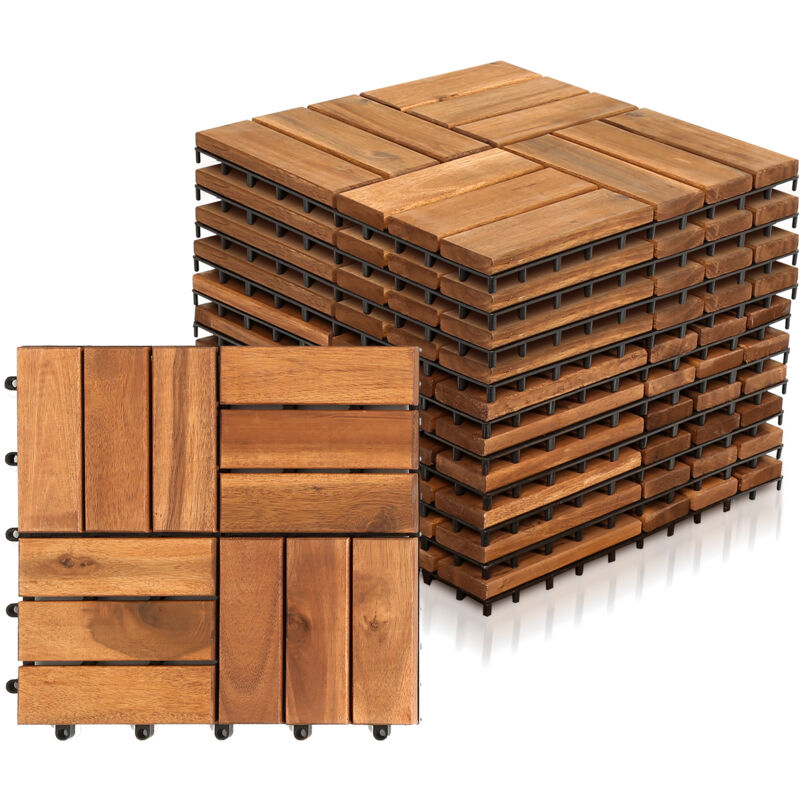 Lot de 11 dalles en bois d'acacia 1m² classique résistant aux intempéries 30x30x2.4cm - Hengda