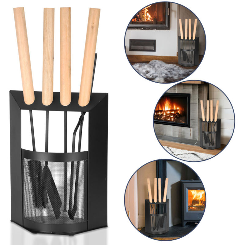 Hengda - Lot de 4 pieces Accessoires de cheminée Serviteur de cheminée en acier avec porte-bûches en métal noir