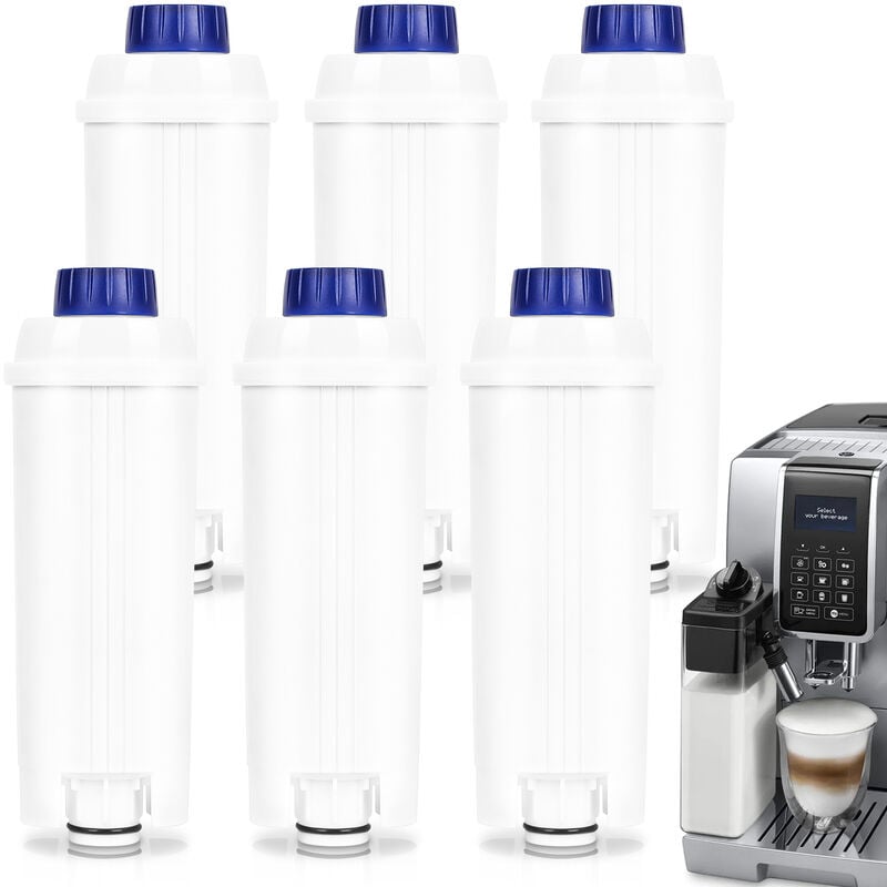 Lot de 6 Filtre eau pour Delonghi DLSC002. Filtre à eau Cartouche à Charbon Actif Compatible avec Machines à café ecam. esam. etam - Blanc