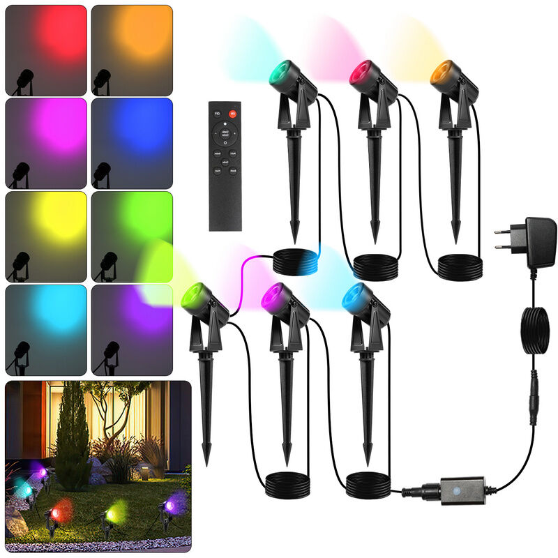Lot de 6 Projecteur de jardin à led avec piquet de terre. éclairage de jardin avec prise étanche IP65 rgb - Hengda