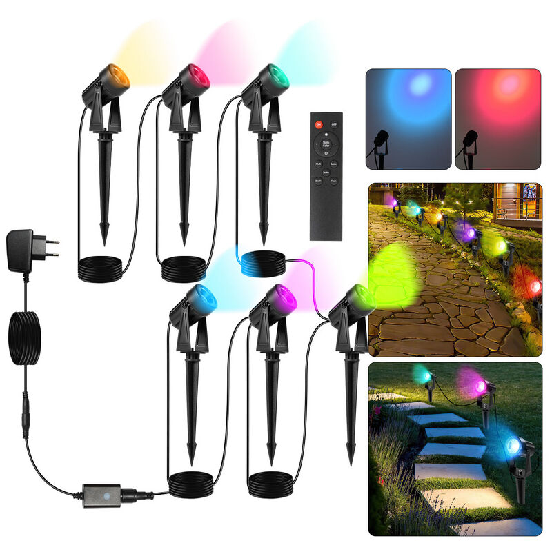 Lot de 6 Spots Piquets Extérieurs. Projecteur de jardin à led avec prise étanche IP65 cob rgb - Hengda