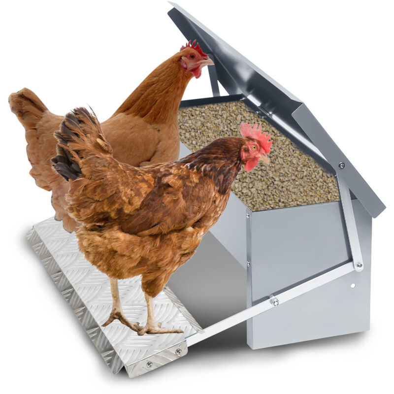 Mangeoire poules automatique 5KG – Distributeur en acier galvanisé avec pédale auto-ouverte et couvercle étanche pour volailles - Hengda