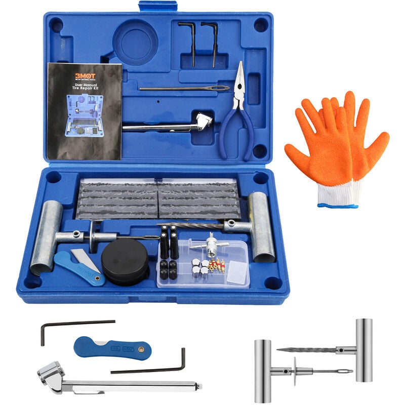 Hengda - einfeben Mèche Pneu Crevaison 73Pcs, Kit de Réparation Pneu Bleu, pour Voitures, Moto,Tracteur, Jeep,VTT, Camion, Gants