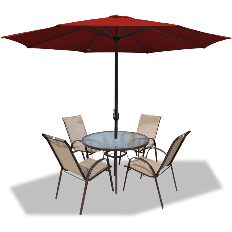 Parasol droit rond Ø350cm - mât central en aluminium orientable et manivelle d'ouverture, Rouge, Parasol de plage - Hengda
