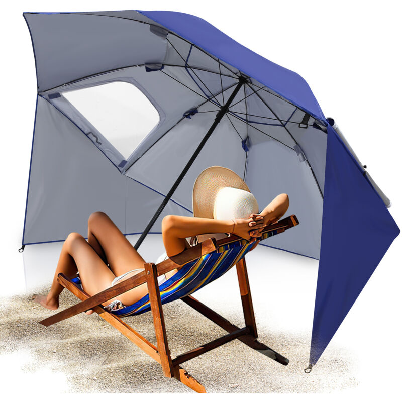 Parasol de plage avec protection UV50+, tissu bleu, structure en acier, hauteur réglable, avec ventilation, pour un ombrage optimal en extérieur