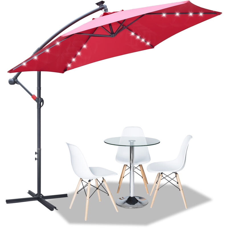 Parasol avec led 350 cm rouge - manivelle - protection uv hydrofuge pliable - Parapluie de marché - Hengda