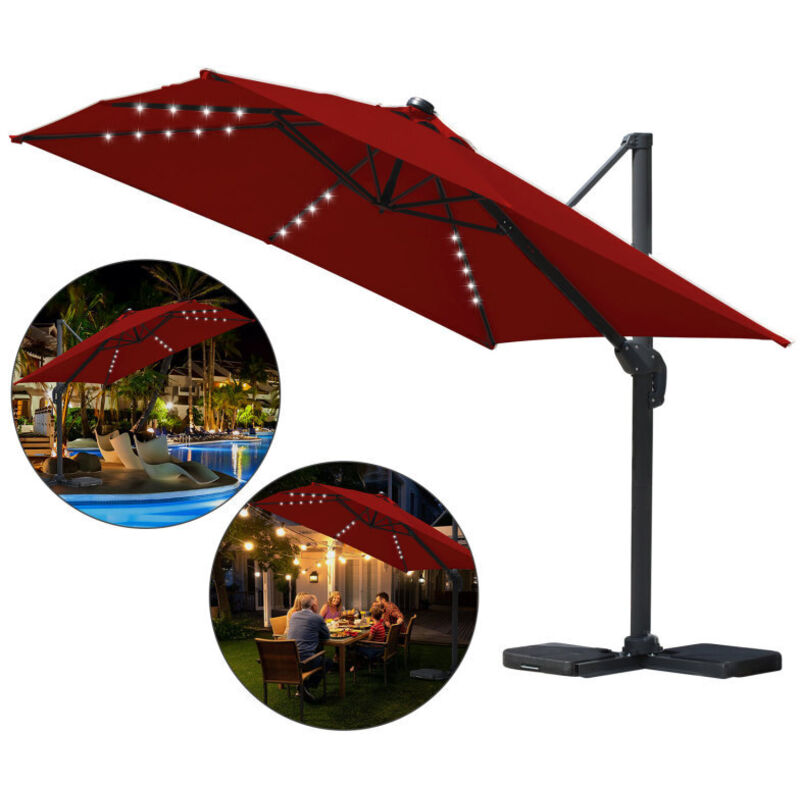 Parasol jardin déporté, Parasol Parapluie - Alu - 360° rotatif - 3 x 3 m - avec led - Rouge - Hengda