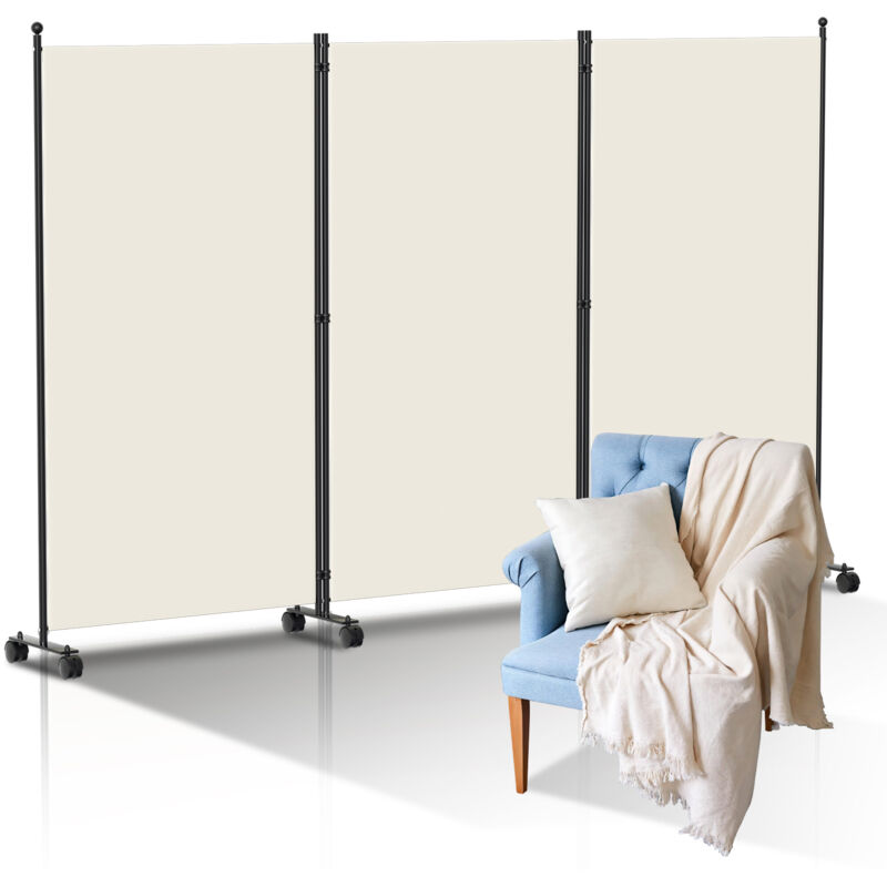 Paravent Séparation Pliable avec roulettes Cadre en Métal Idéal pour Salon Bureau Hôpital 3 Panneaux Beige 263x181 cm - Hengda