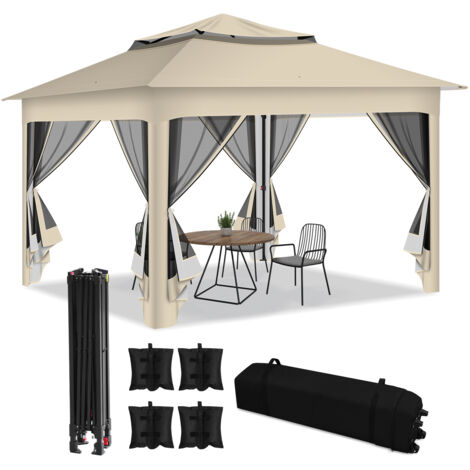 Hengda Pavilion 3.3x3.3x2.7M, gazebo, tenda da giardino con 4 pannelli laterali in garza, protezione UV 50+, doppio tetto beige