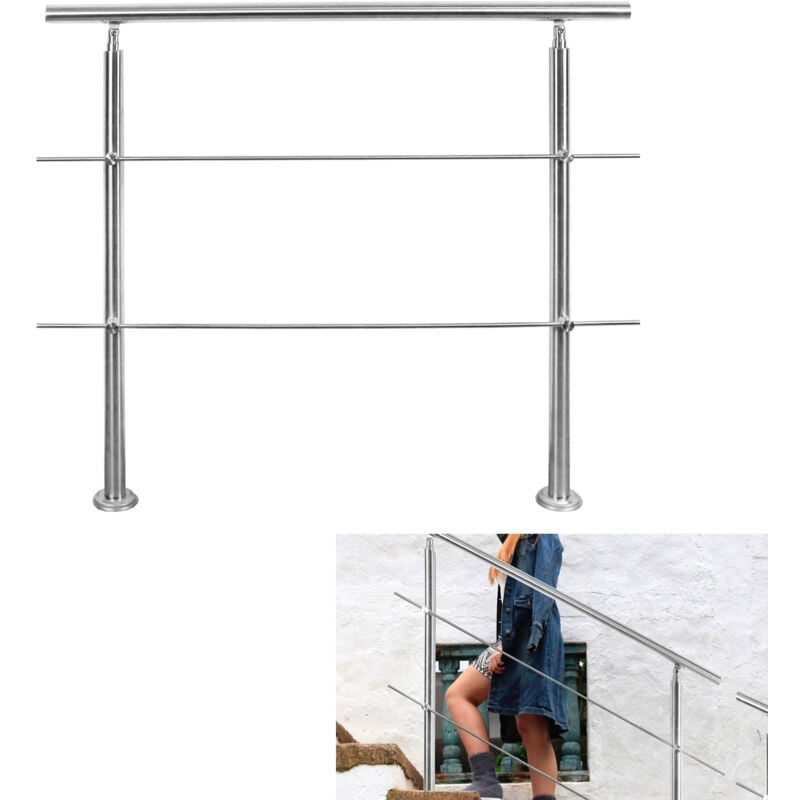 Rampe d'escalier en acier inoxydable Main courante Balustrade 100 cm Rambarde avec 2 Entretoises