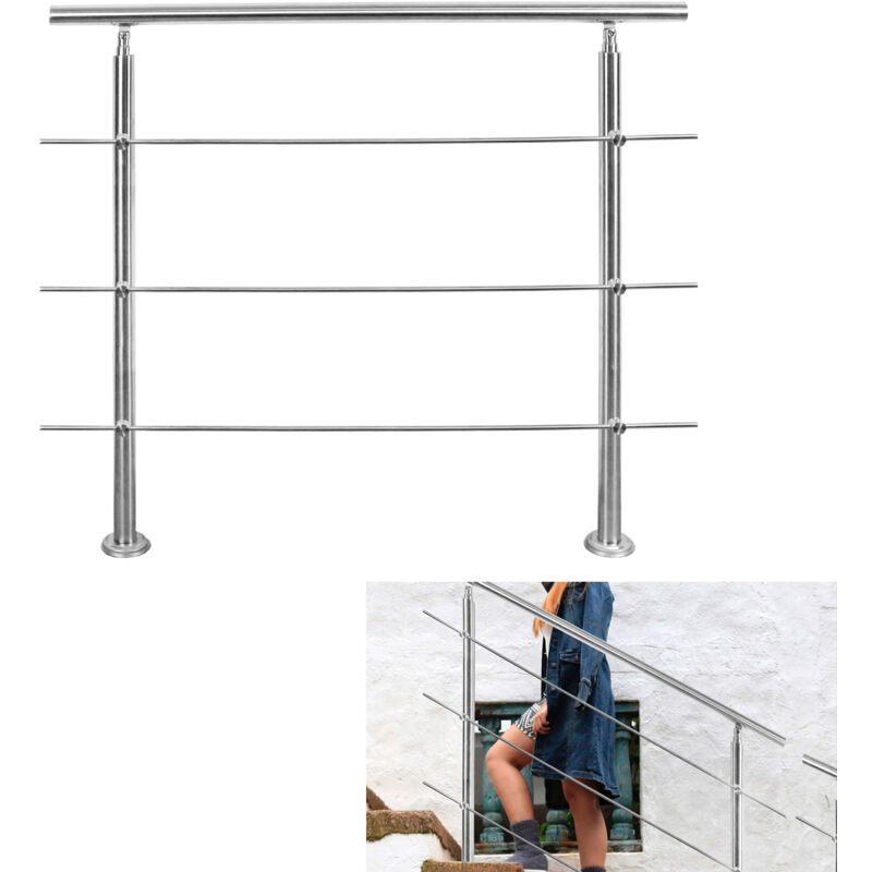 Rampe d'escalier en acier inoxydable Main courante Balustrade 160 cm Rambarde avec 3 Entretoises