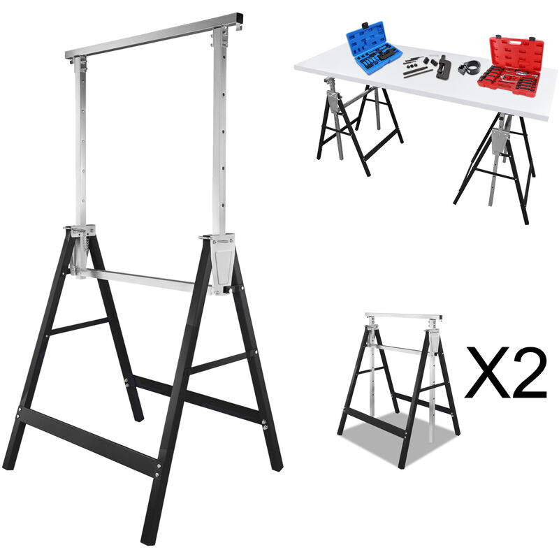 Saw Horse Telescopic, Set of 2, Adjustable Height 80-130cm, Sturdy Trestle Stand, Up to 200 kg, Black