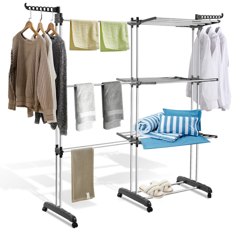 Séchoir à linge pliable ailes latérales sur 4 niveaux H.170cm Gris réglables barre télescopique avec roulettes - Hengda