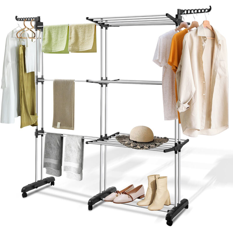 Séchoir à linge pliable & télescopique réglables barre télescopique Séchoir Mobile à 4 Niveaux Gris - Hengda