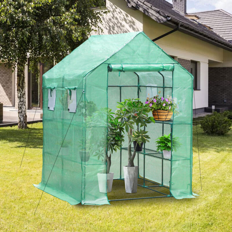 Serre de jardin avec étagères 143x143x195cm Vert - bâche renforcée 135g/m², fenêtre moustiquaire, porte enroulable zippée - Hengda