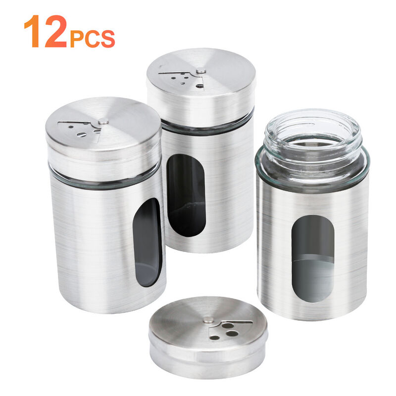 Shaker à épices 12 pièces Bocaux à épices rangement en acier inoxydable pour shaker à épices avec fenêtre de visualisation et contrôle de dispersion