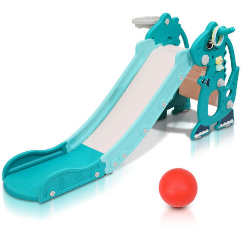 Hengda Tobogán infantil Tobogán de jardín 4 en 1 con canasta de baloncesto Aro lanzador Aprendizaje del inglés verde