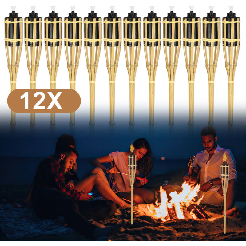 Hengda Torche de jardin en lot de 12, flambeaux en bambou, avec mèche, éclairage d'ambiance, hauteur : 90 cm, nature
